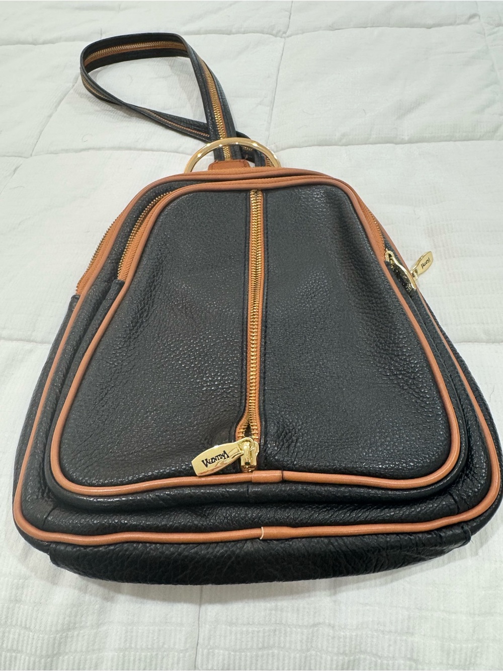 Valentina Black and Tan Leather Sling Bag with Gold Hardware